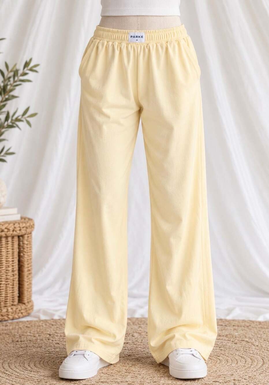 PARKE Cotton Boxer Pants M Pale Yellow 100% Cotton Wide Leg Pull On